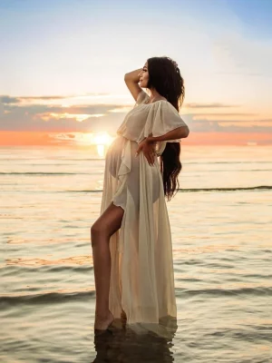 Cozymomstyle Pregnant Women Long Dress Maternity Chiffon Elegant Gown