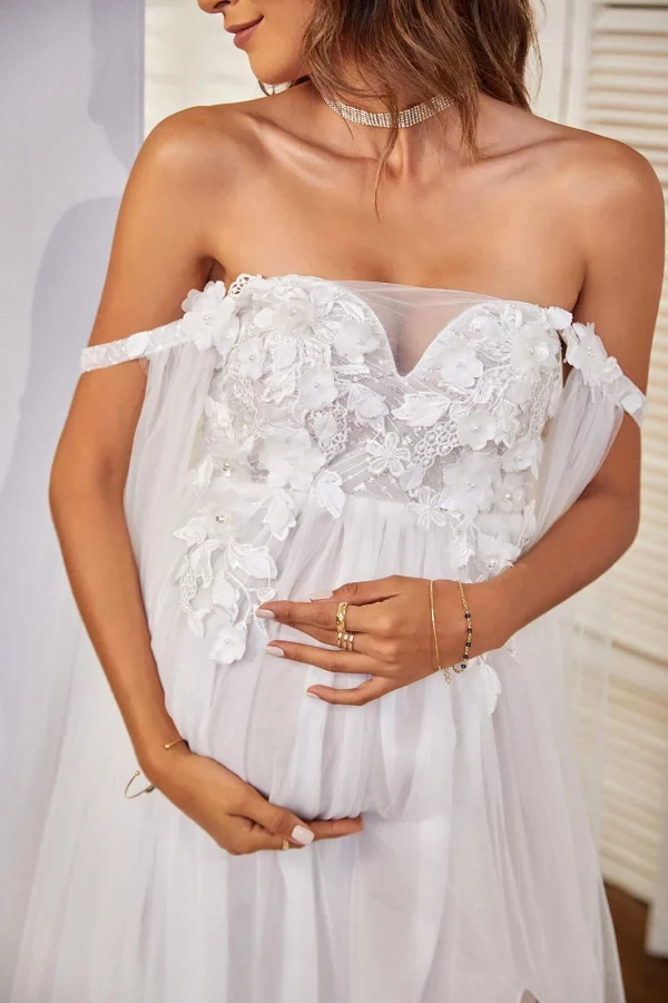 Cozymomstyle Maternity Robes White Tulle Ruffles Baby Shower Star Dresses PhotoShoot Gown