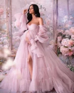 Cozymomstyle Women Robes Pink Maternity Star Dresses Tulle Ruffles Baby Shower Ball Gown