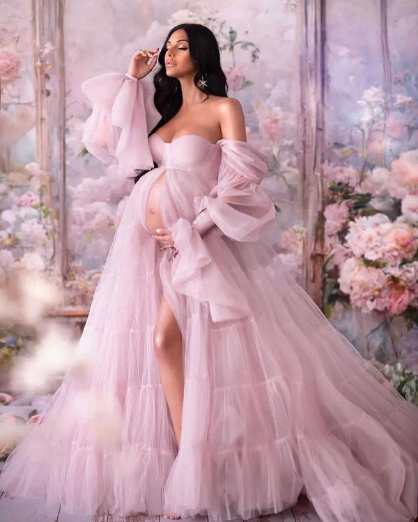 Cozymomstyle Women Robes Pink Maternity Star Dresses Tulle Ruffles Baby Shower Ball Gown