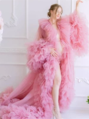 Cozymomstyle Bridal Tulle Ruffle Boudoir Pregnancy Photoshoot Robe Ruffle Maternity Dresses