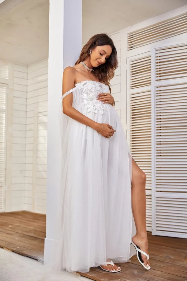 Cozymomstyle Maternity Robes White Tulle Ruffles Baby Shower Star Dresses PhotoShoot Gown