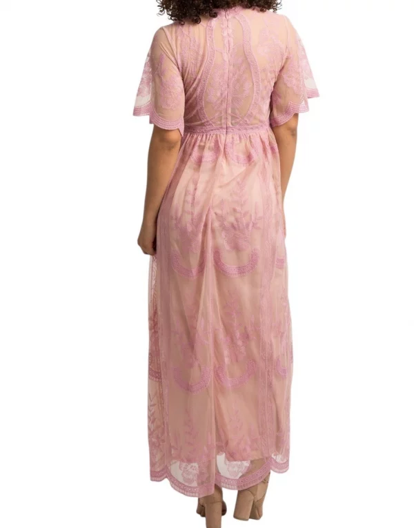 Cozymomstyle Pink Lace Mesh Overlay Maternity Maxi Dress