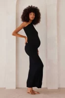 Cozymomstyle Soft Rib Maxi One Shoulder Dress Black Maternity Outfit Stretch