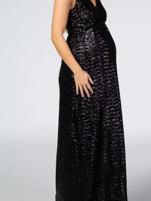 Cozymomstyle Women’s Black Sequin V-Neck Sleeveless Maternity Evening Gown