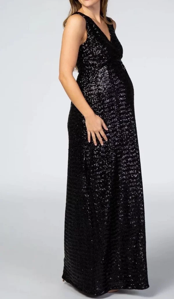 Cozymomstyle Women’s Black Sequin V-Neck Sleeveless Maternity Evening Gown
