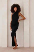 Cozymomstyle Soft Rib Maxi One Shoulder Dress Black Maternity Outfit Stretch