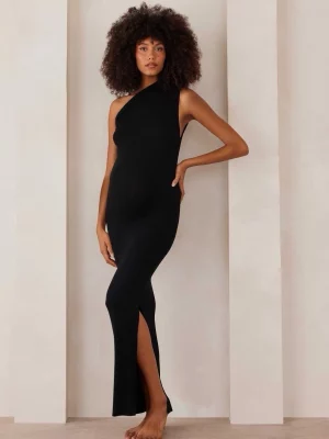 Cozymomstyle Soft Rib Maxi One Shoulder Dress Black Maternity Outfit Stretch