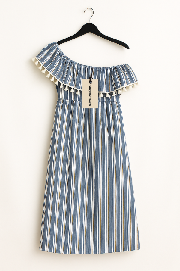 Cozymomstyle Maternity Blue and White Striped Asymmetrical Dress