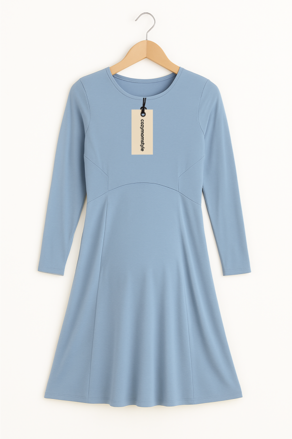 Cozymomstyle Blue Silk-Modal Long Sleeve Shift Dress – Travel, Office