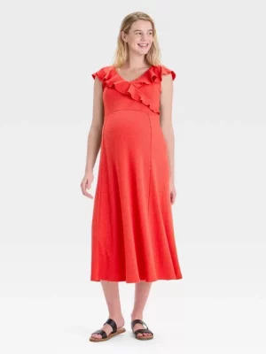 Cozymomstyle Flutter Short Sleeve Knit Midi Maternity Dress