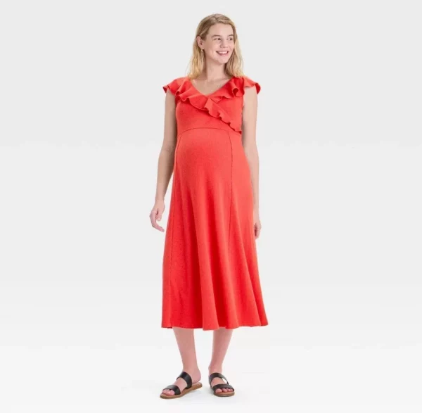 Cozymomstyle Flutter Short Sleeve Knit Midi Maternity Dress