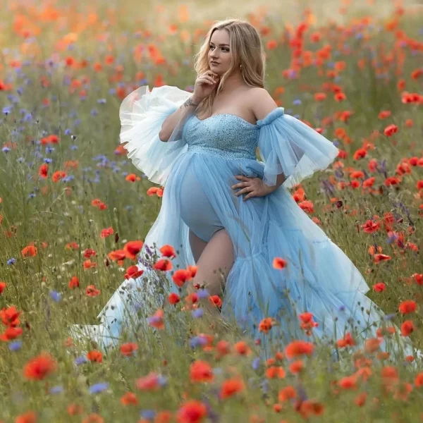 Cozymomstyle Sky Blue Maternity Dress for Baby Shower Shiny Tulle Bodysuit PhotoShoot Gowns