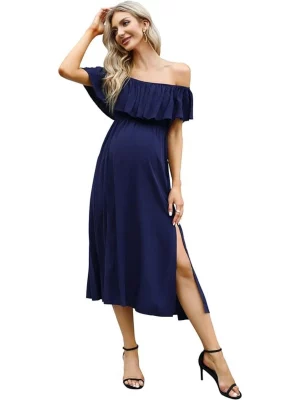Cozymomstyle Off Shoulder Navy Blue Women's Maternity Summer Dress