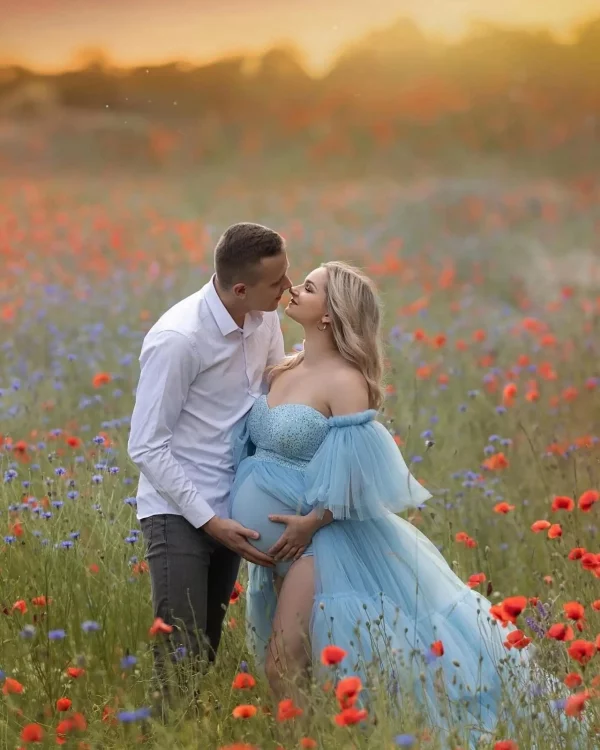 Cozymomstyle Sky Blue Maternity Dress for Baby Shower Shiny Tulle Bodysuit PhotoShoot Gowns