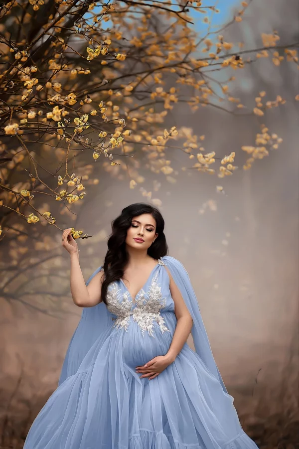 Cozymomstyle Blue Maternity Dress for Photoshoot Pregnant Appliqued Beads Baby Shower Gowns
