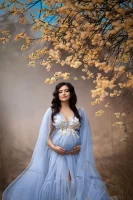Cozymomstyle Blue Maternity Dress for Photoshoot Pregnant Appliqued Beads Baby Shower Gowns