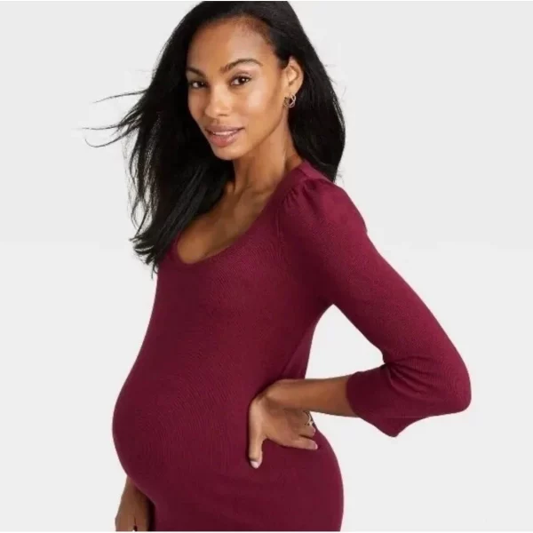Cozymomstyle 3/4 Sleeve Ribbed Jersey Maternity Dress Wine Red
