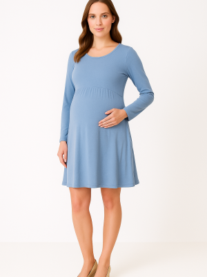 Cozymomstyle Blue Silk-Modal Long Sleeve Shift Dress – Travel, Office
