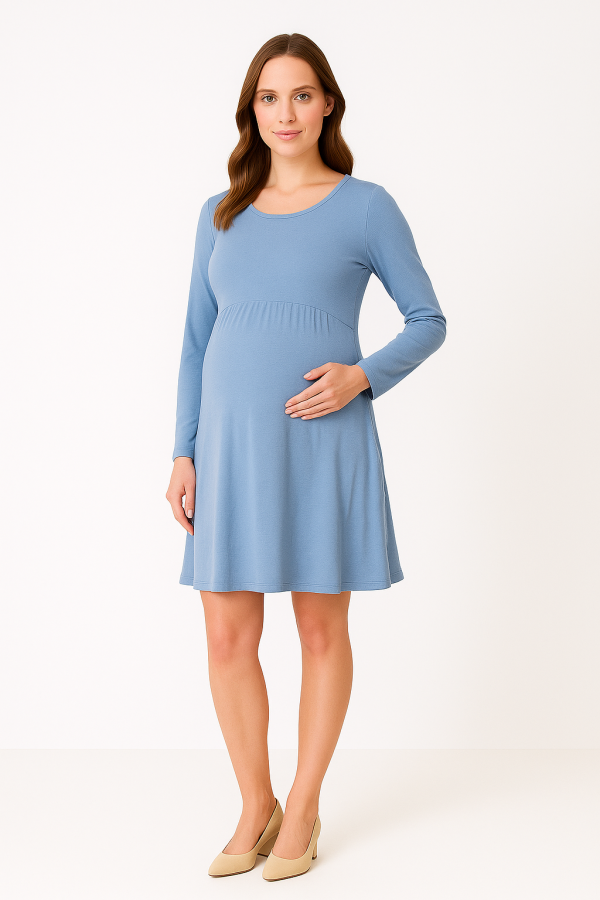 Cozymomstyle Blue Silk-Modal Long Sleeve Shift Dress – Travel, Office