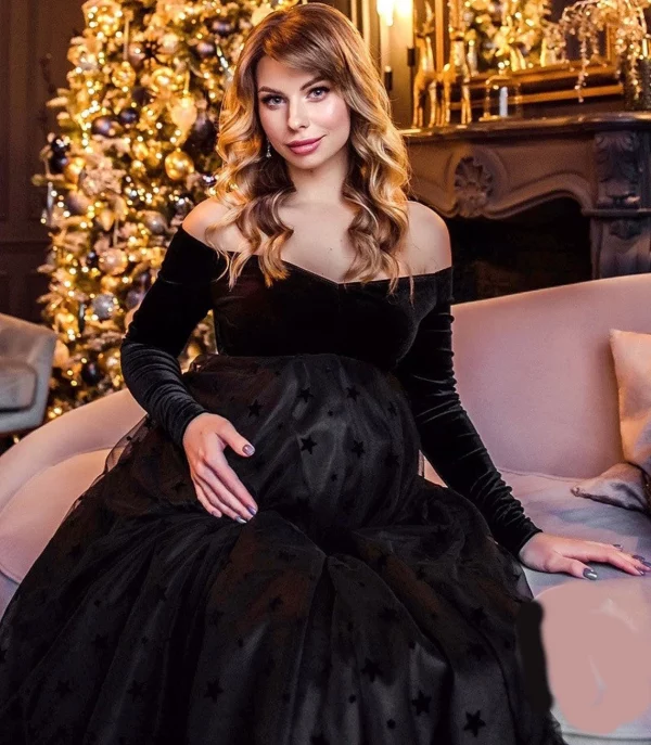 Cozymomstyle Pregnant Women's Dress Maternity Long Sleeve V-neck Gown For Photograph Shoot