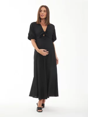 Cozymomstyle Maternity Camille Dress – Black Knot Front Empire Waist Midi