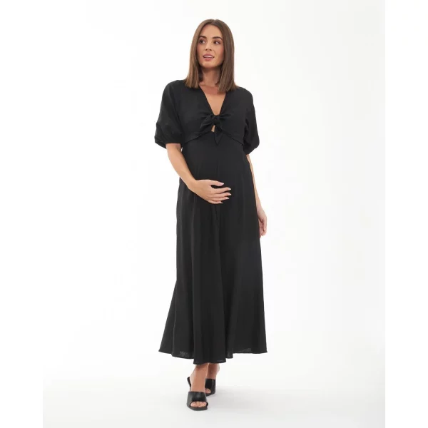 Cozymomstyle Maternity Camille Dress – Black Knot Front Empire Waist Midi