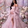 Cozymomstyle Women Robes Pink Maternity Star Dresses Tulle Ruffles Baby Shower Ball Gown