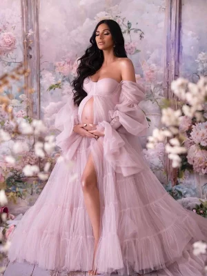 Cozymomstyle Women Robes Pink Maternity Star Dresses Tulle Ruffles Baby Shower Ball Gown