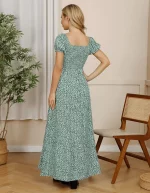 Cozymomstyle Off Shoulder Green with Daisies Maternity Maxi Dress Square Neck