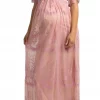 Cozymomstyle Pink Lace Mesh Overlay Maternity Maxi Dress