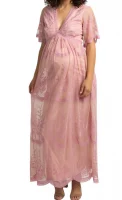 Cozymomstyle Pink Lace Mesh Overlay Maternity Maxi Dress