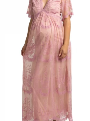Cozymomstyle Pink Lace Mesh Overlay Maternity Maxi Dress