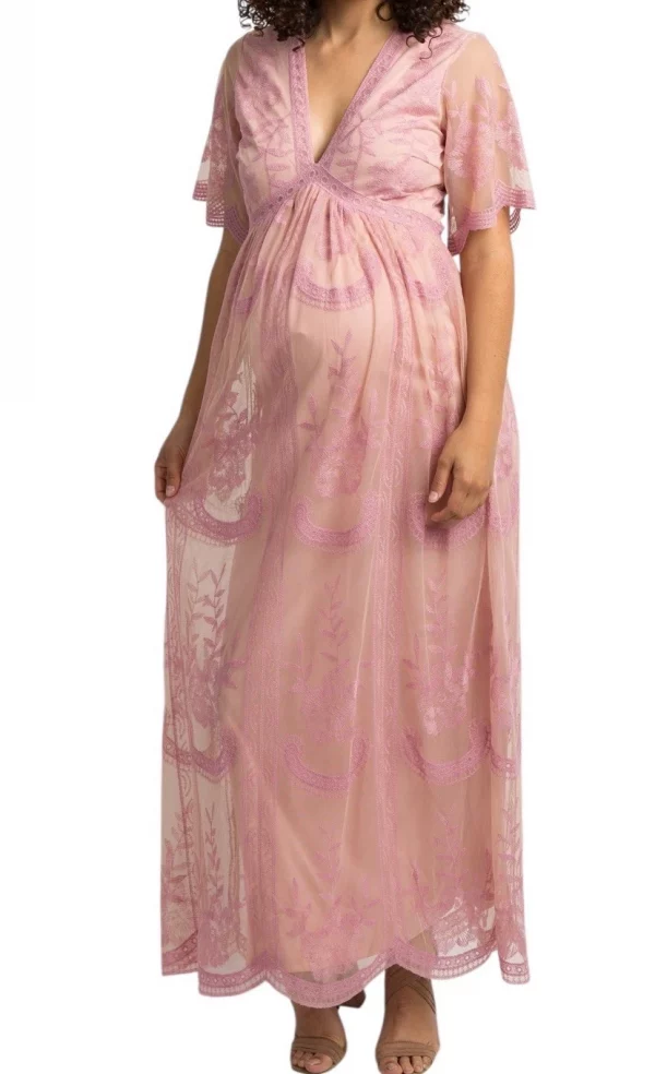 Cozymomstyle Pink Lace Mesh Overlay Maternity Maxi Dress