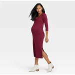Cozymomstyle 3/4 Sleeve Ribbed Jersey Maternity Dress Wine Red