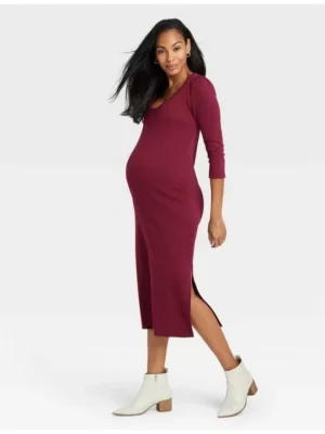 Cozymomstyle 3/4 Sleeve Ribbed Jersey Maternity Dress Wine Red